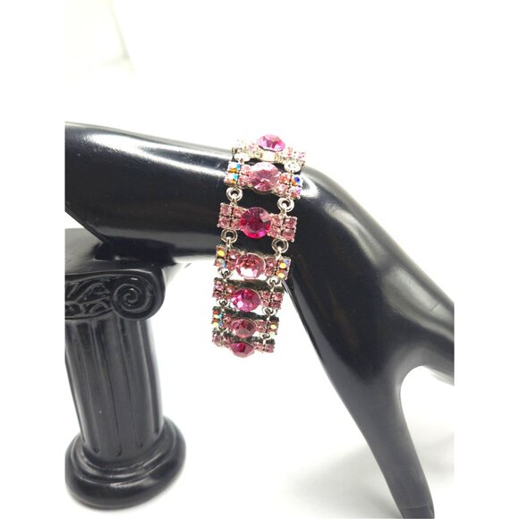 Vintage Pink Rhinestone Bracelet w/ Aurora Borealis Accents Silver Tone Link - Picture 1 of 4